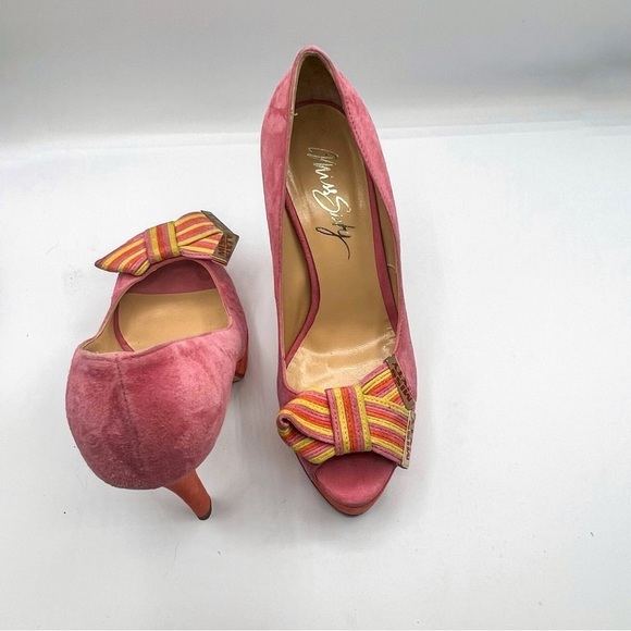 Miss Sixty Pink Suede Bow Peep-Toe High Heels – Size 37 (US 6.5-7) - Picture 3 of 10